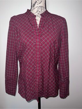 St. John's Bay Red Plaid Ruffle Trim Button Down Top - Size M